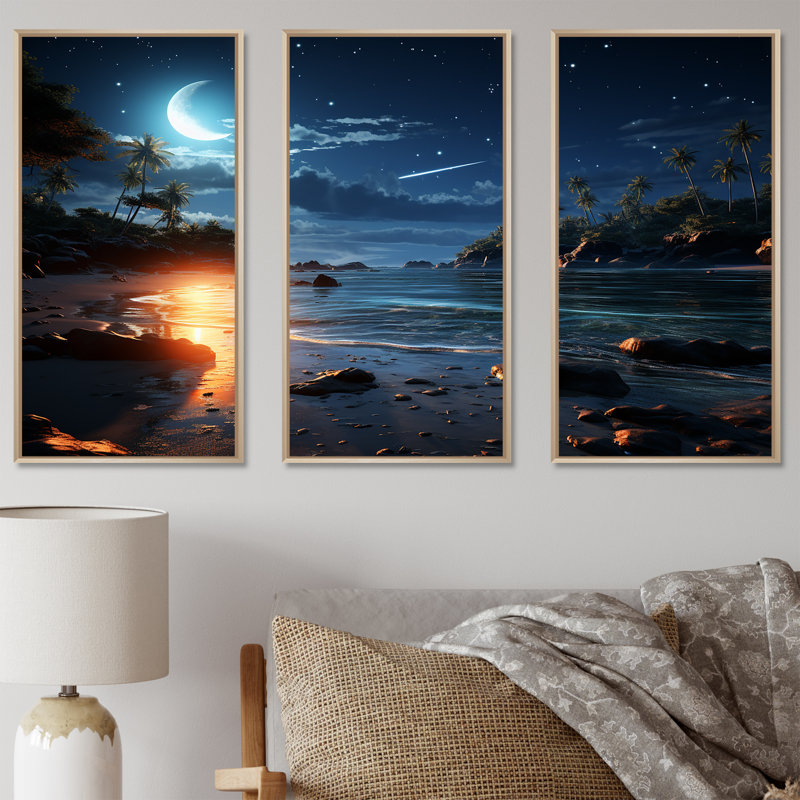Mystic Tropical Beach Moonlight I - Art mural plage, Cadre flottant brun, H 28 po x l 36 po x P 1 po