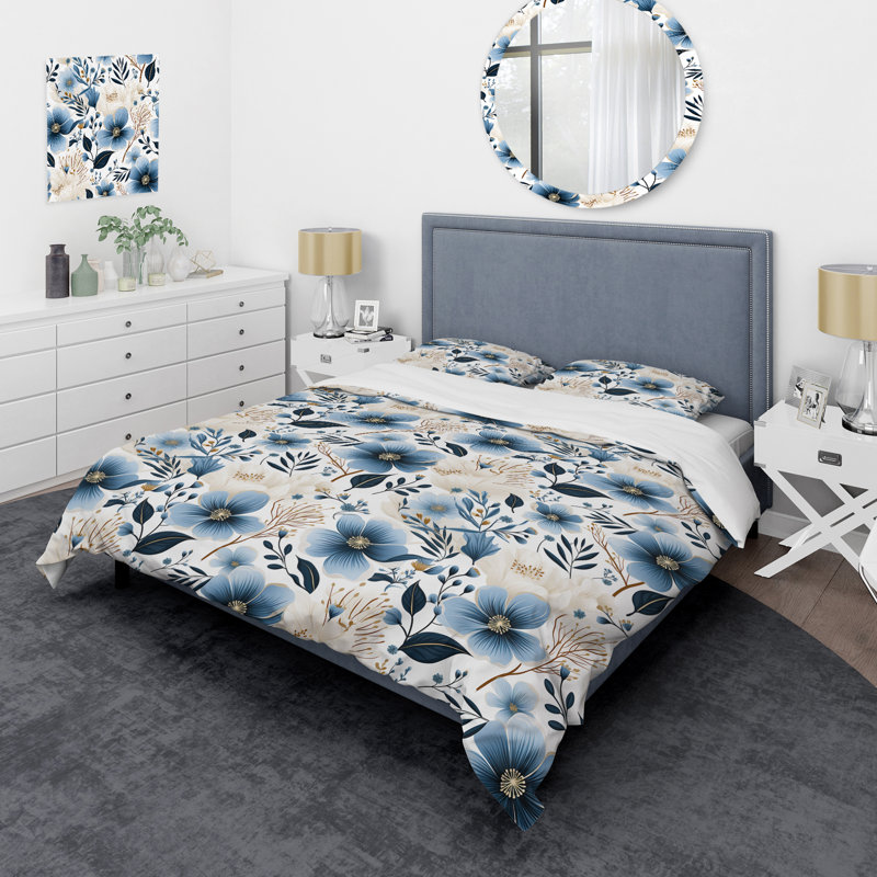Motif floral bleu et ivoire - ensemble de housse de couette floral - polyester microfibre