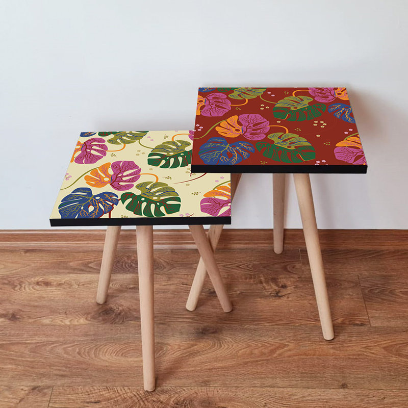 Ensemble de tables gigognes Modern (2 pièces), pieds en bois de hêtre, 13,8 x 18,5 x 13,8 pouces et 13,8 x 16,5 x 13,8 pouces | 100% panneau de fibres à densité moyenne avec une épaisseur de 0,7 pouce | Conception florale élégante pour le salon et la maison, solution peu encombrante