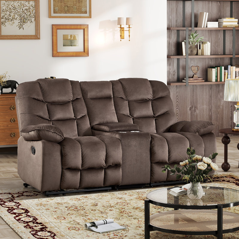 78.35'' Wide Modern Microfiber Manual Reclining Loveseat With Storage Console & Cup Holders, Brown