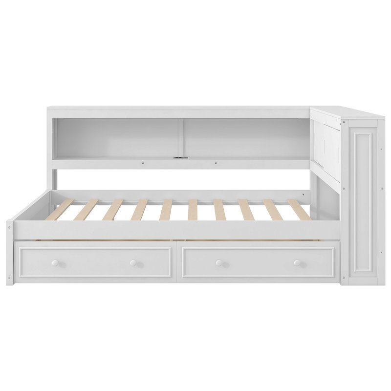 Lit de jour en bois pleine grandeur avec tablettes de rangement, USB, DEL et 2 tiroirs, blanc (ETA: 1/18), Blanc