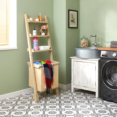 Tablette pour panier à linge rustique en bois avec panier coulissant et plateaux de rangement