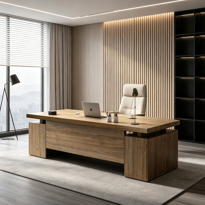 Bureau de direction en L en bois massif noyer clair avec tiroirs, Right Hand Return, 29.53" H x 78.66" W x 51.18" D