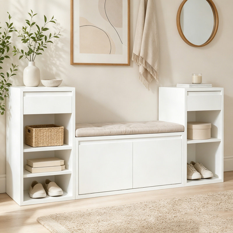 Banc de rangement tout-en-un avec coussin, compartiments, tiroirs et tablettes ouvertes, banc de rangement, Blanc
