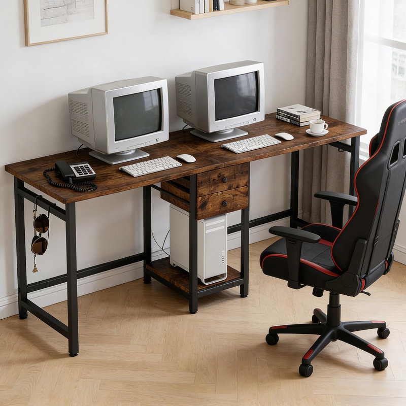 Bureau double, bureau d'ordinateur, bureau à deux places, table de jeu, Brun rustique / noir