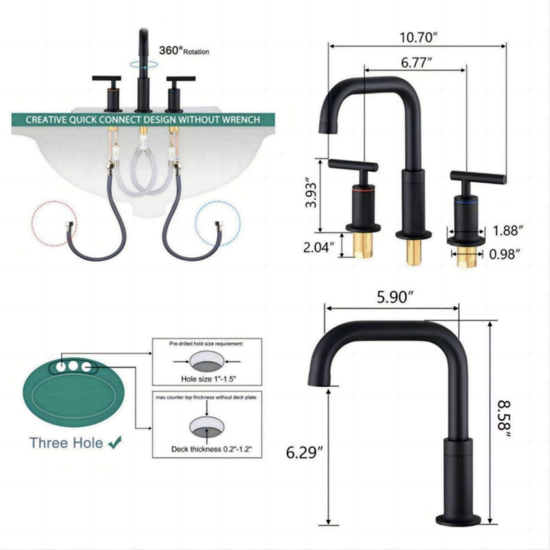 Robinet de salle de bain à large entraxe avec bonde, Noir mat