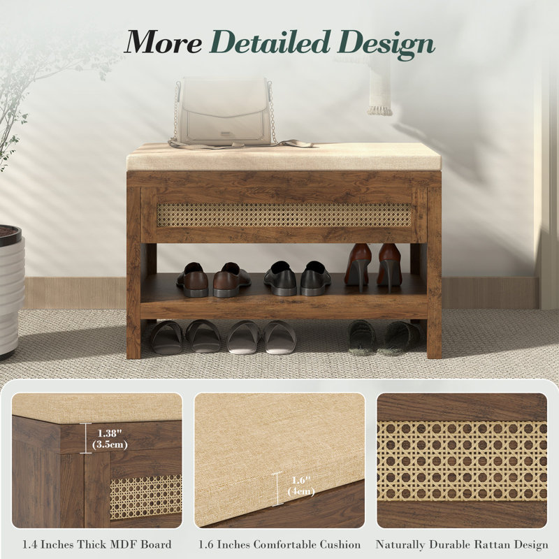 Rattan Shoe Bench With Cushion & Drawer, Farmhouse Entryway Storage Rack –Natural, Brown/Natural