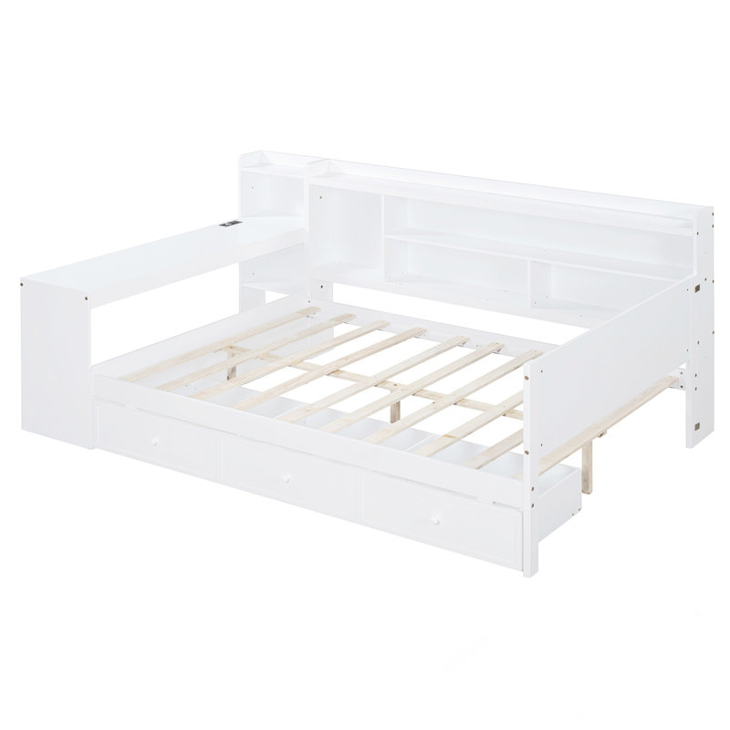 Full Size Wooden Daybed With 3 Drawers, USB Ports And Desk, White, Full / Double