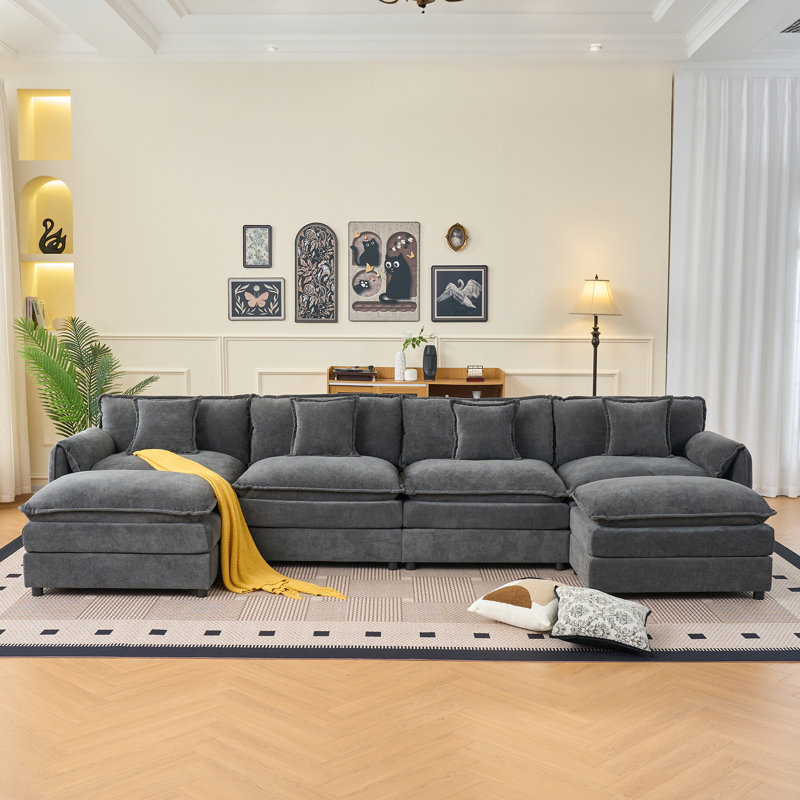 143 Inch 4-Seater U Shaped Couch Set For Living Room,Comfy Cloud Couches With 2 Movable Ottomans And 4 Throw Pillows, DIY Combination