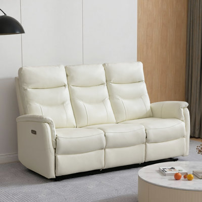 Viradis 72.4" Genuine Leather Zero Clearance Recliner Power Reclining Sofa With USB Port, Modern 3 Seater Recliner Couch