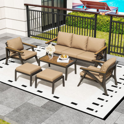 6-Piece Outdoor Conversation Set, Acacia Wood Patio Sofa Set with Cushions, 3-Seat Sofa, Armchairs, Ottomans and Coffee Table