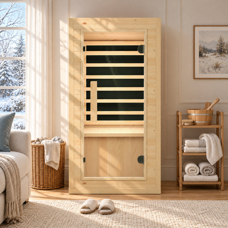 1-Person Indoor Infrared Sauna with Premium Spruce Wood, Bluetooth Speakers, Digital Control Panel, 120V/900W for Home Spa & Relaxation