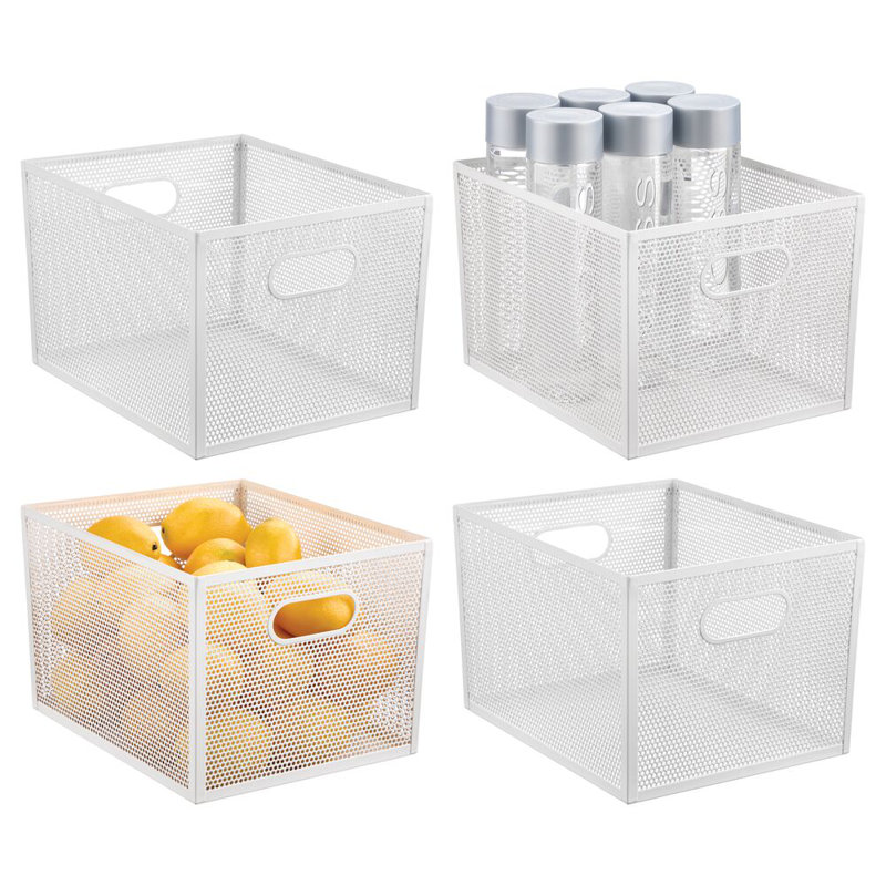 Perforated Metal Storage Bin with Handles for Kitchen and Pantry- Set of 4 - Matte White