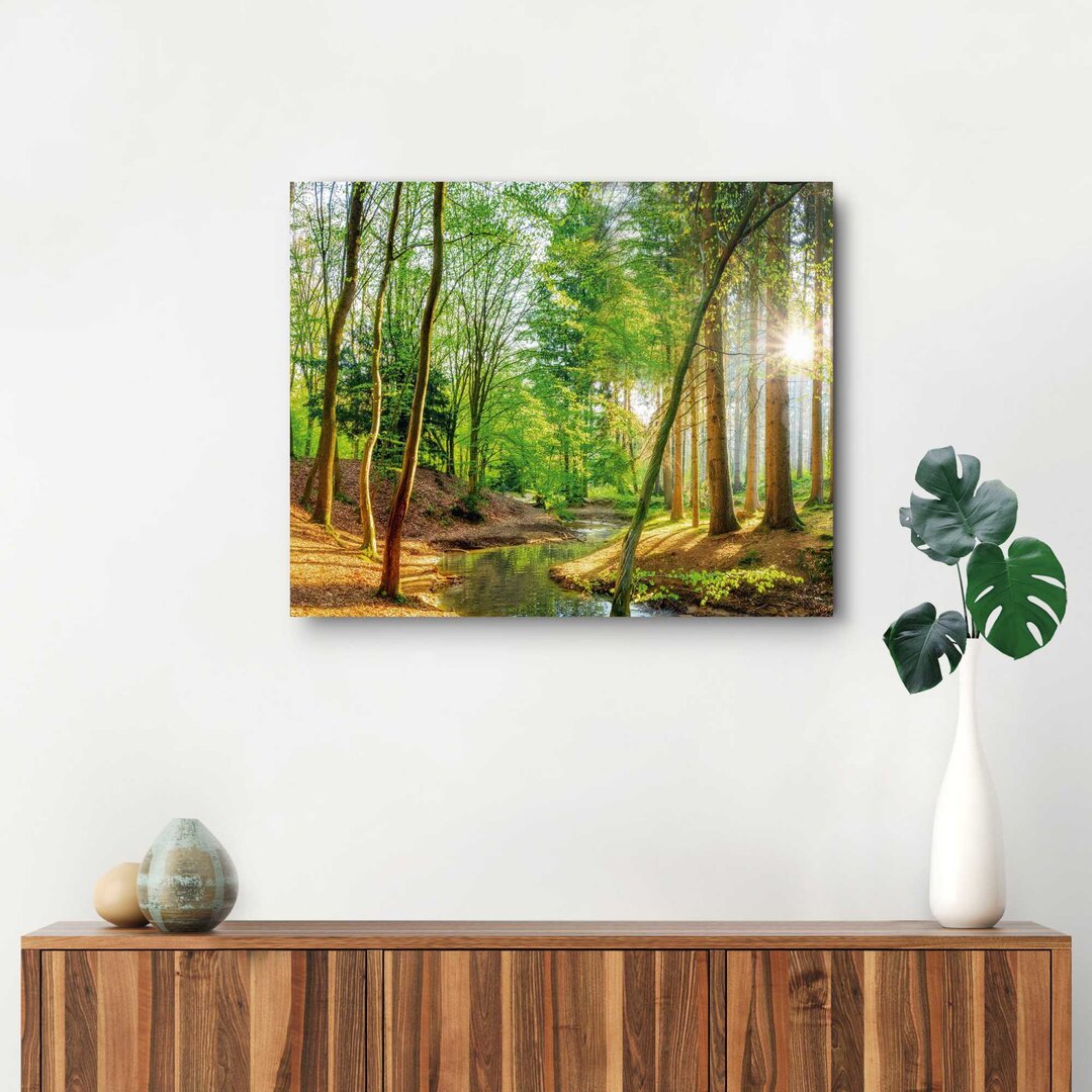 Wandbild Deko Panel Sonniger Wald - Natur - Bäume - Fluss - Blätter