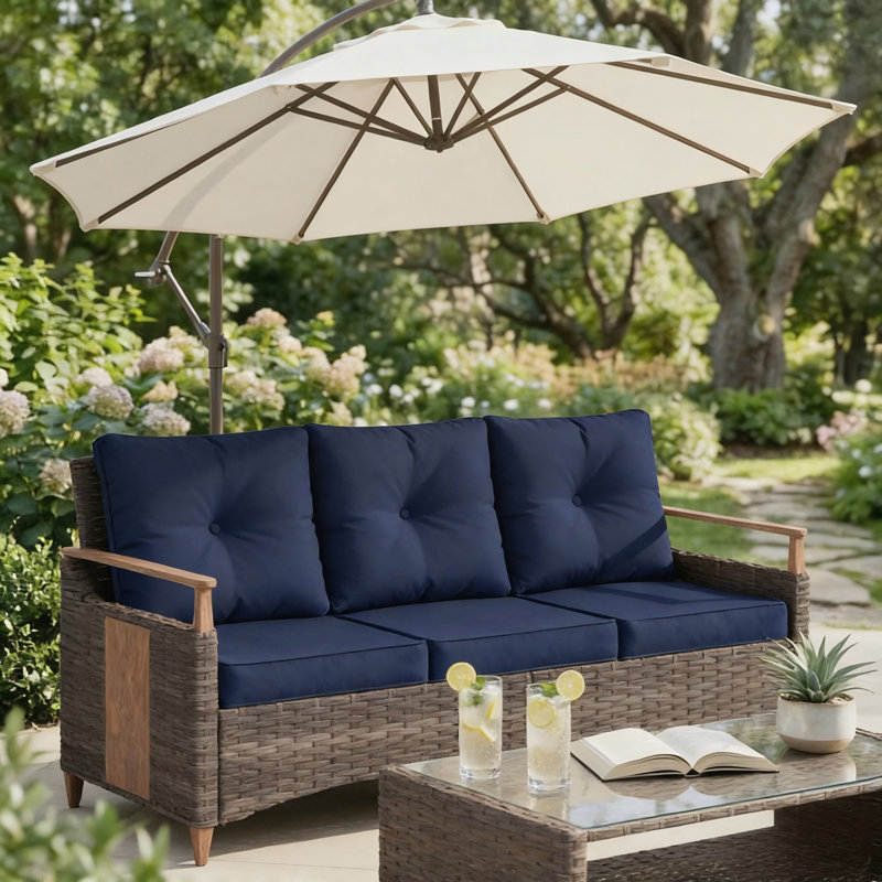 Melvarn Outdoor Patio 70.2"W Wicker 3-Seater Sofa With Cushion And Wood-Look Surface, Blue