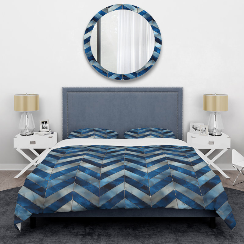 Ensemble de housse de couette moderne à motif de chevrons bleu et argenté I