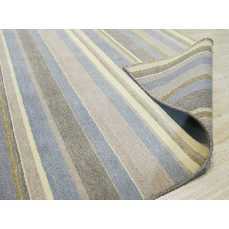 Galipeau Rustic Brown Handmade Wool Light Blue/Cream Transitional Stripe Area Rug, Rectangle 5'6" x 8'