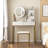 Small Vanity Desk With Mirror And Lights, Makeup Vanity Table With LED Mirror, 3 Lighting Modes, Power Outlet, Drawer, Open Shelves And Cushioned Stool For Bedroom (White And Gold)