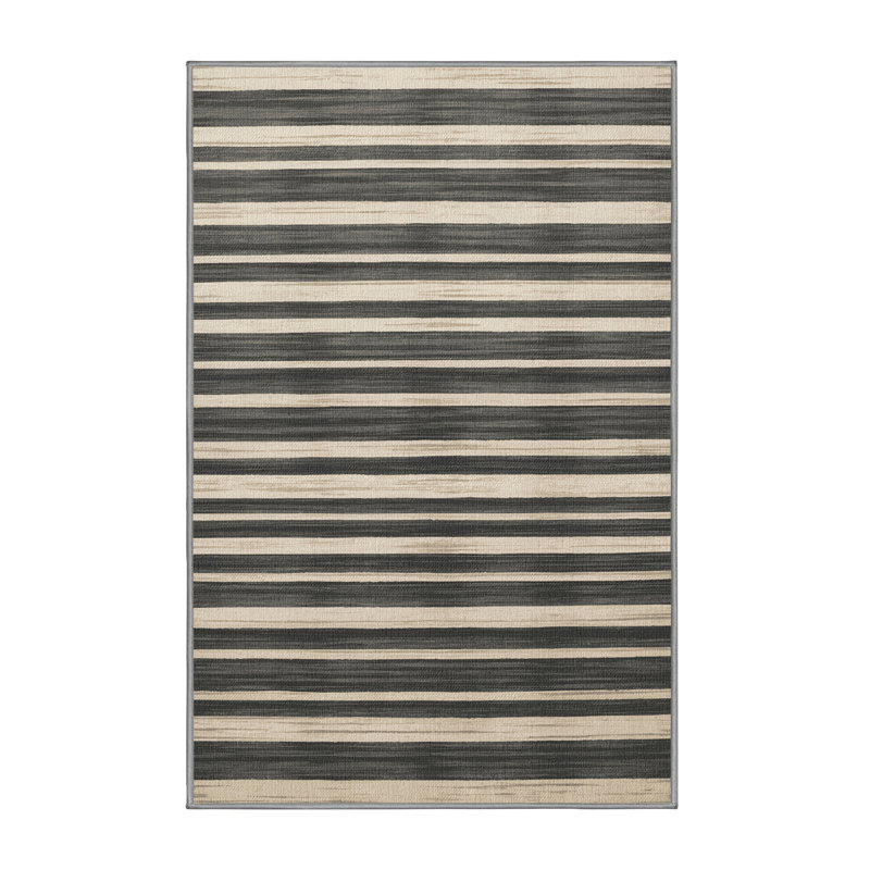 Washable Stone Gray Cream Striped Area Rug, Rectangle 6' x 9'