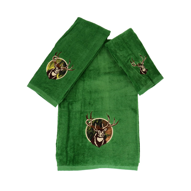 Marina Decoration Home Decor Premium Luxury Ultra Soft 100% Cotton Embroidery Kitchen Bathroom Modern 3 Piece Embroidered Towel Set, Deer with Green Base Pattern