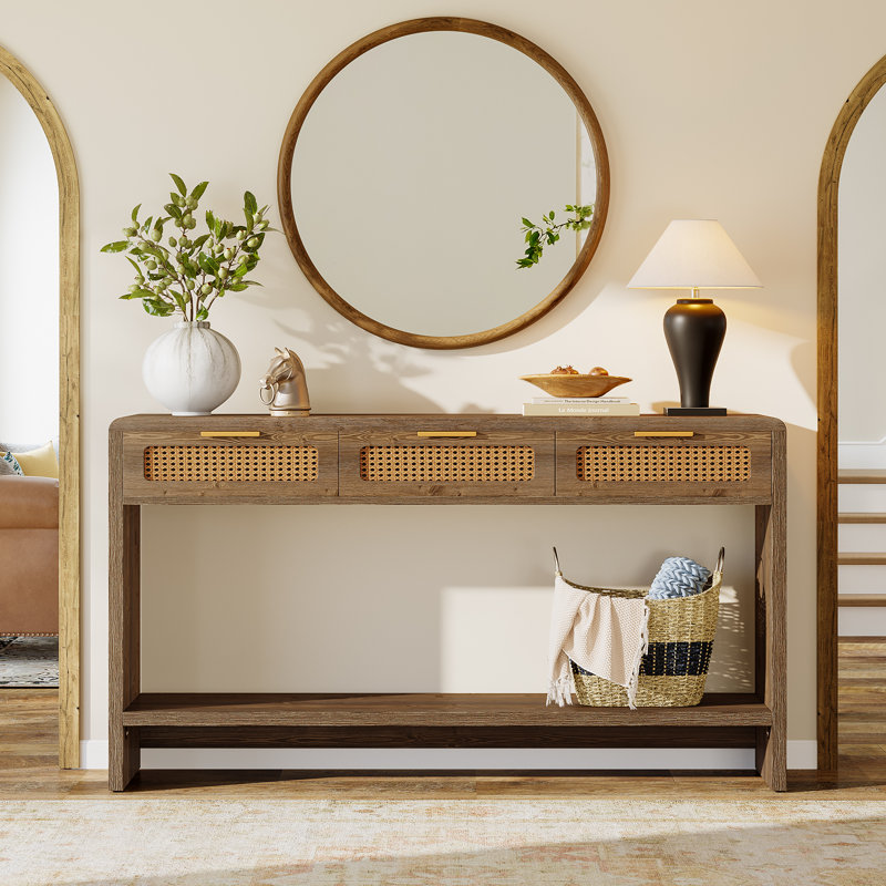55-Inch Entryway Table with 3 Rattan Drawers and 2-Tier Open Storage Shelf，Console Sofa Table
