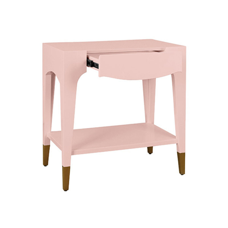 Table d'appoint à un tiroir avec pieds fuselés et repose-pieds en laiton antique, 29.4"H x 28"W x 18"D, Pink