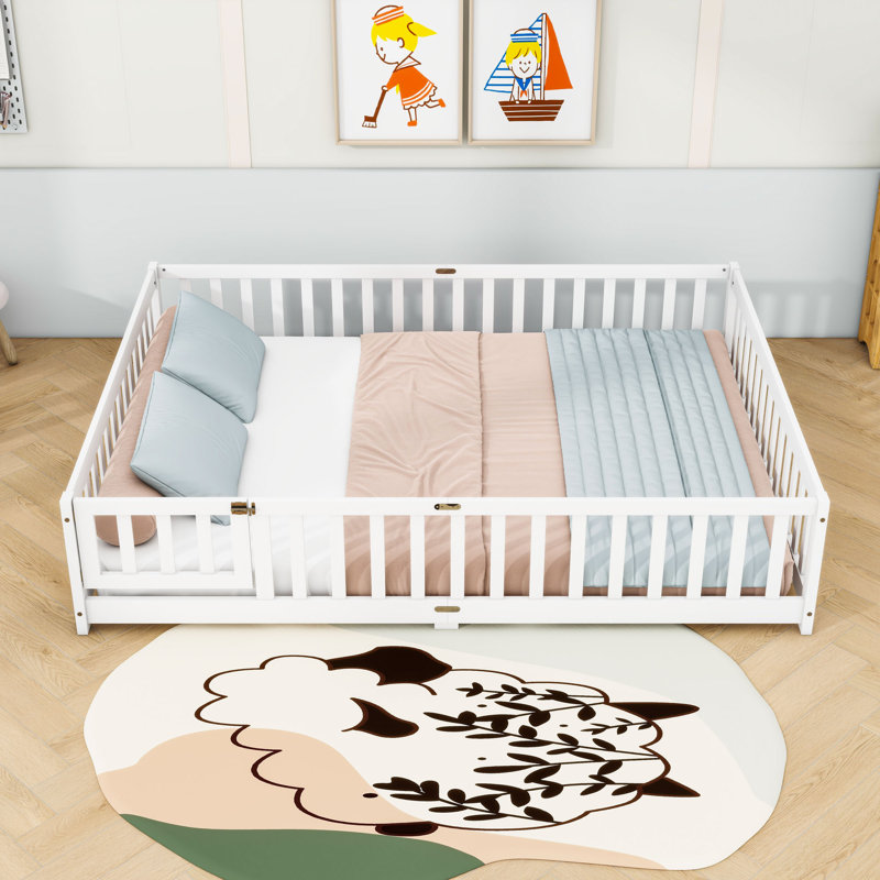 Queen Floor Bed With Safety Guardrails, White