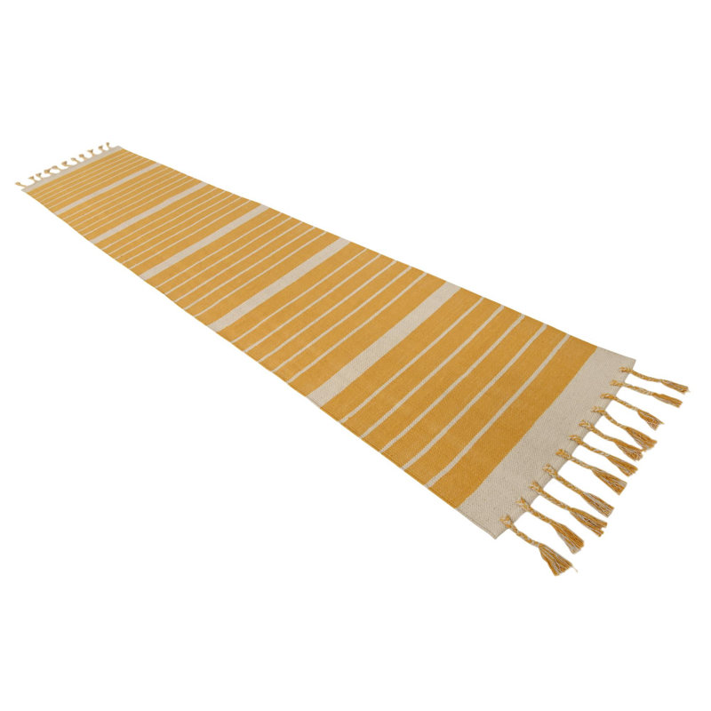 Rectangle Abish Striped Hand Loomed Cotton Area Rug in Navy/White, Runner 2'7" x 12'