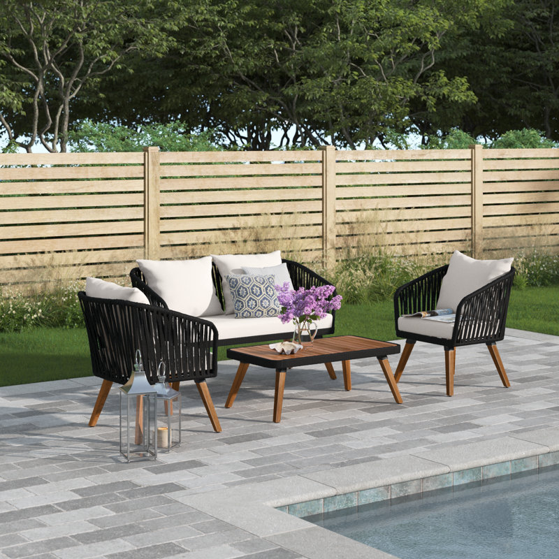 Larry Acacia Solid Wood Patio Conversation Set with Cushions , Beige, Black