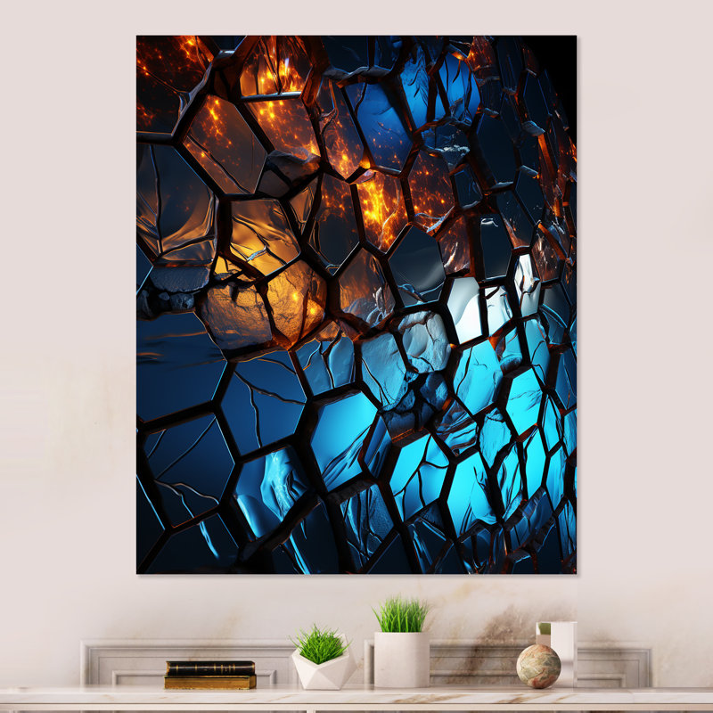 Fractale bleue et jaune mosaïque III - décoration murale abstraite en métal, H 32 po x l 24 po x P 1 po