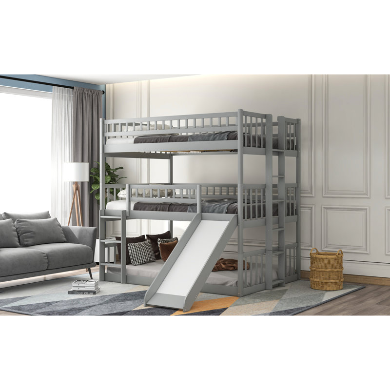 Triple lit superposé, gris, fabriqué en bois et garde-corps gris, conception économe en espace, fabriqué en bois massif