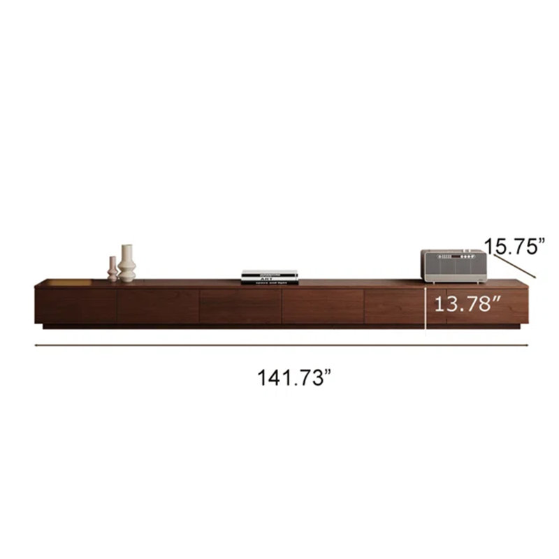 Meuble télé 141 pouces, console multimédia en bois massif brun avec 6 tiroirs, H 13,78 po x L 141,73 po x l 15,75 po