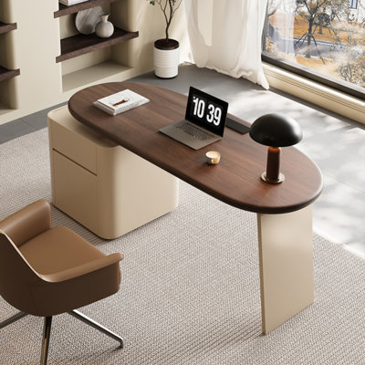Nut-brown + Beige Curved Manufactured Wood with 1 drawers desk