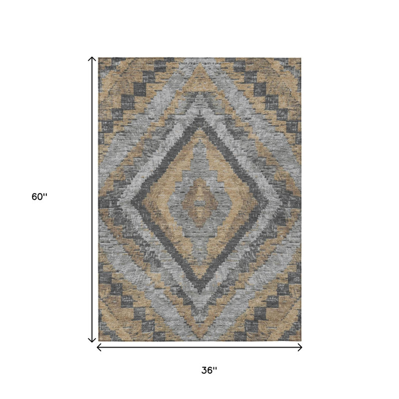 Tapis intérieur/extérieur lavable kaki et gris à motifs aztèques 90 x 150 cm