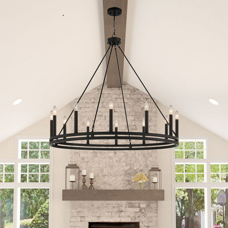 12 - Light Steel Dimmable Wagon Wheel Chandeliers, Aged Zinc