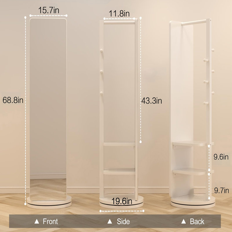Miroir pleine grandeur en bois massif avec support, Blanc