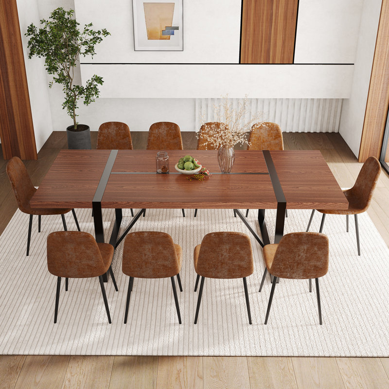 87" Wood Dining Table Set With PU Leather Upholstered Dining Chair, Brown, 11 Pieces: Table, 10 Chairs