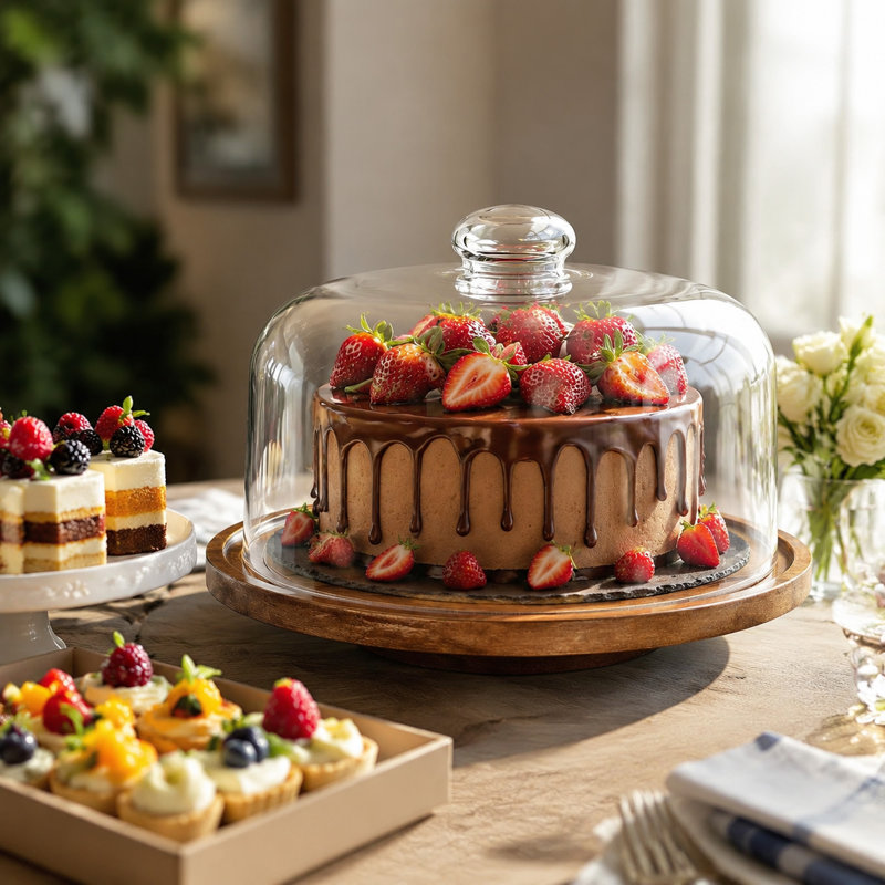Présentoir à gâteaux en bois d'acacia avec dôme en verre Airtight
