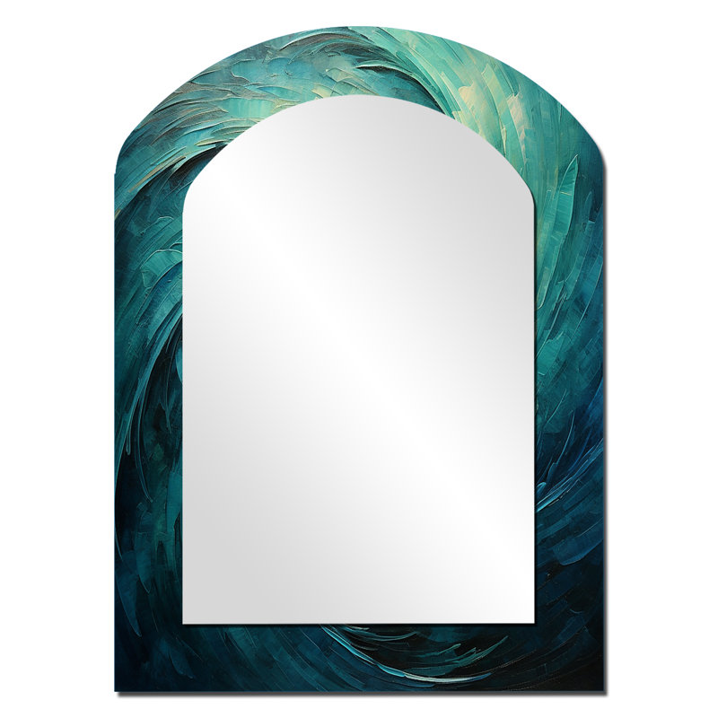 Teal Majestic Motion III - miroir mural décoratif asymétrique abstrait en spirale, 34 po x 25 po