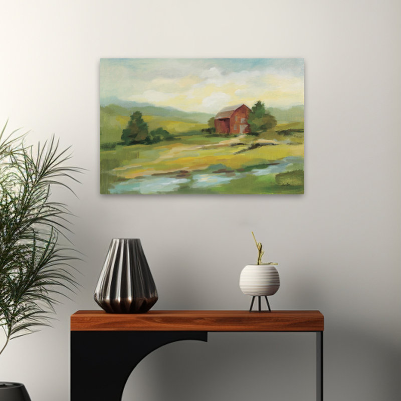 Ferme traditionnelle et moderne au printemps, H 24 po x l 16 po
