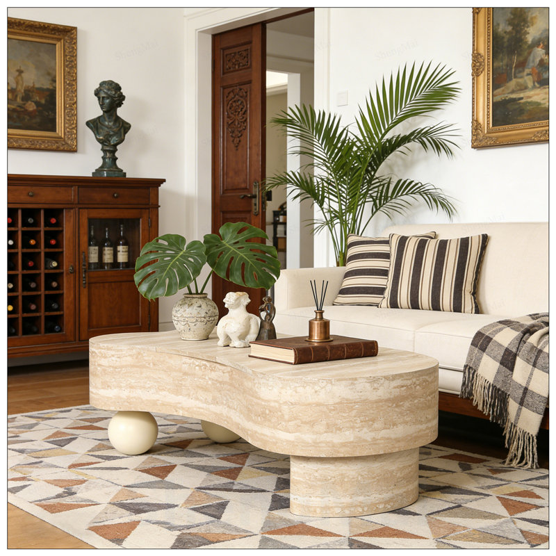 Table basse irrégulière avec plateau rabattable, rangement dissimulé et design moderne pour des espaces de vie compacts