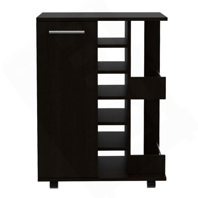 Bar Cart, Two External Shelves, Four Casters, Six Built-In Wine Rack, Single Door Cabinet -Black