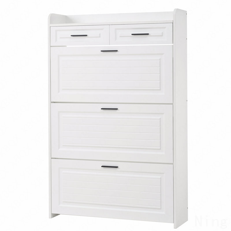 Large Two-Drawer Shoe Storage Cabinet With Three-Fold Doors, White