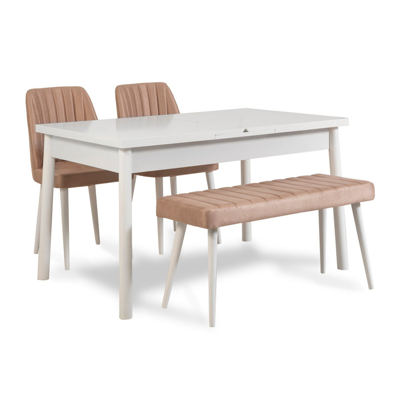 Modern Extendable Dining Table & Chairs Set (4 Pieces), White & Stone, 47.2 x 29.5 x 29.5 inches | 100% Melamine Coated Particle Board, 0.71 inches Thick | Includes 2 Velvet Foam Chairs & 1 Bench, Stylish & Functional Design