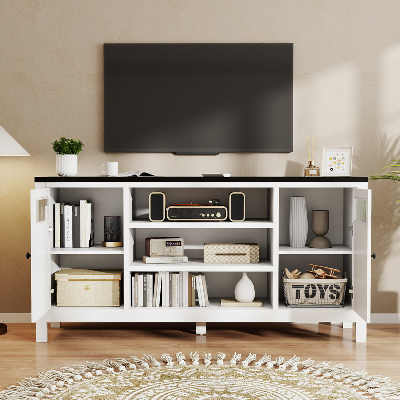 63'' Fluted TV Stand, Home Entertainment Center for 70 Inch TV, Large TV Console with Storage Cabinet