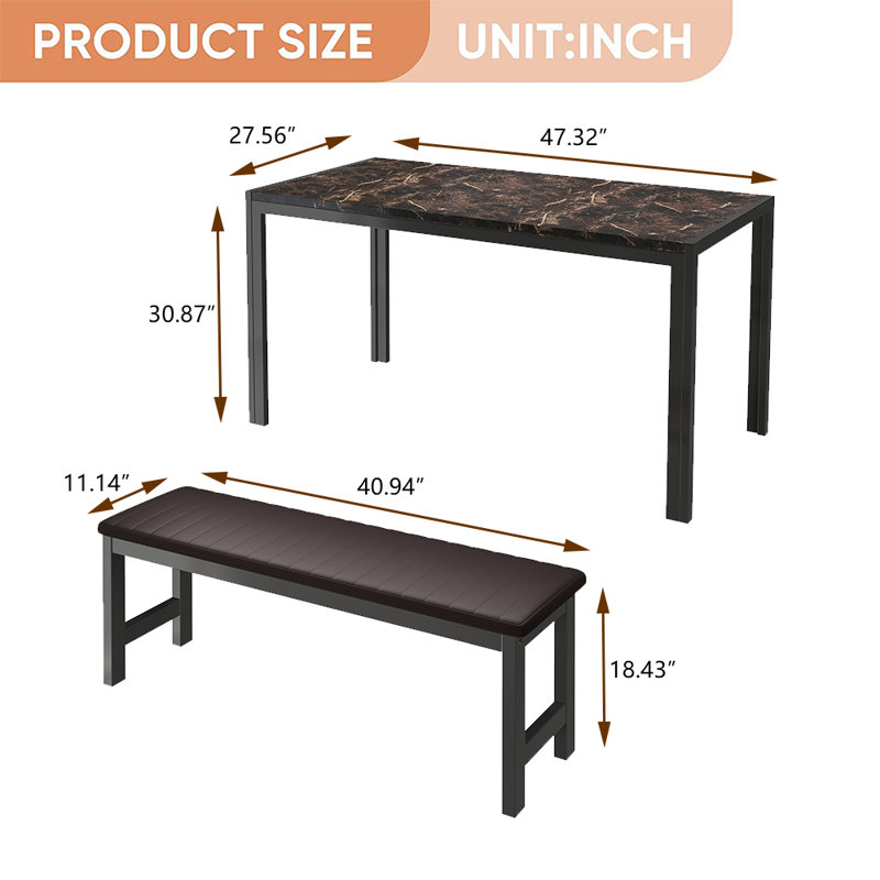 3 Piece Dining Table Set, Kitchen Table &  PU Benches for 4, Rectangular Dining Room Table Set