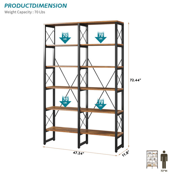 80.7 Double Wide 6-Shelf Bookcase Industrial Metal Storage Shelf