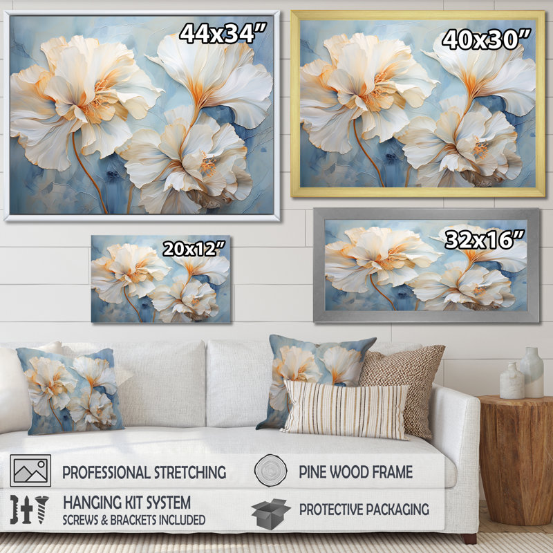 Œillets beiges sur fond bleu III sur toile, H 30 po x l 40 po x P 1,5 po, Cadre flottant noir