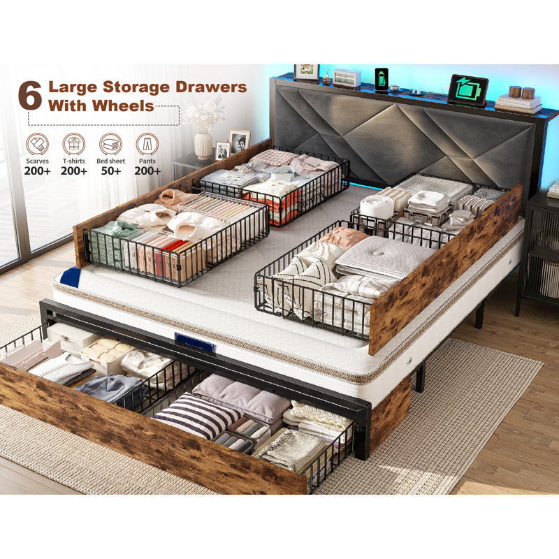 Bed Frame With 6 Storage Drawers, Soft Headboard, Charging Station, And Led Light, Full, Brown