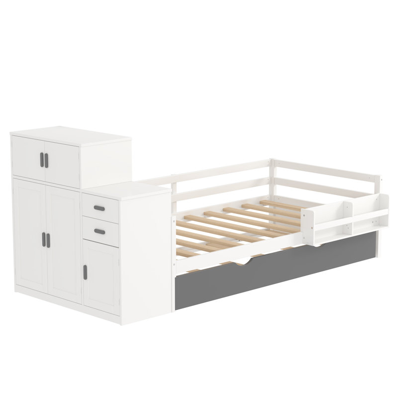 Twin Size Wood Platform Bed with Sample Bookshelf and Movable Wardrobe, Multifunctional Bed with Built-in Trundle Bed, White